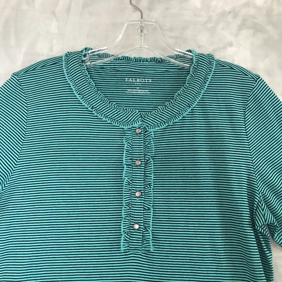 Talbots Top Womens Medium Black Green Stripe Ruffle Quarter Button 3/4 Sleeve - Picture 3 of 8